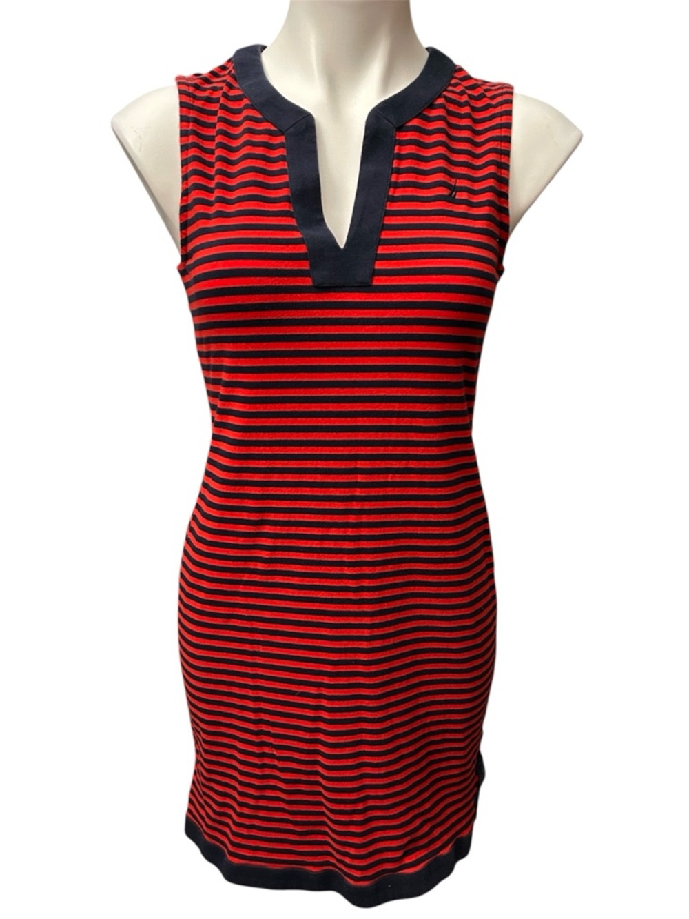 Nautica Red & Navy Blue Striped V Neck Sleeveless Dress - Size Small